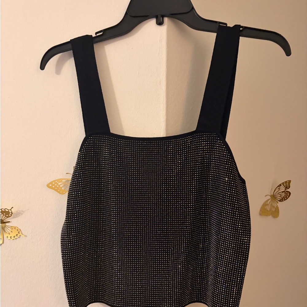 Maje Black Metallic-Dot Square-Neck Crop Tank